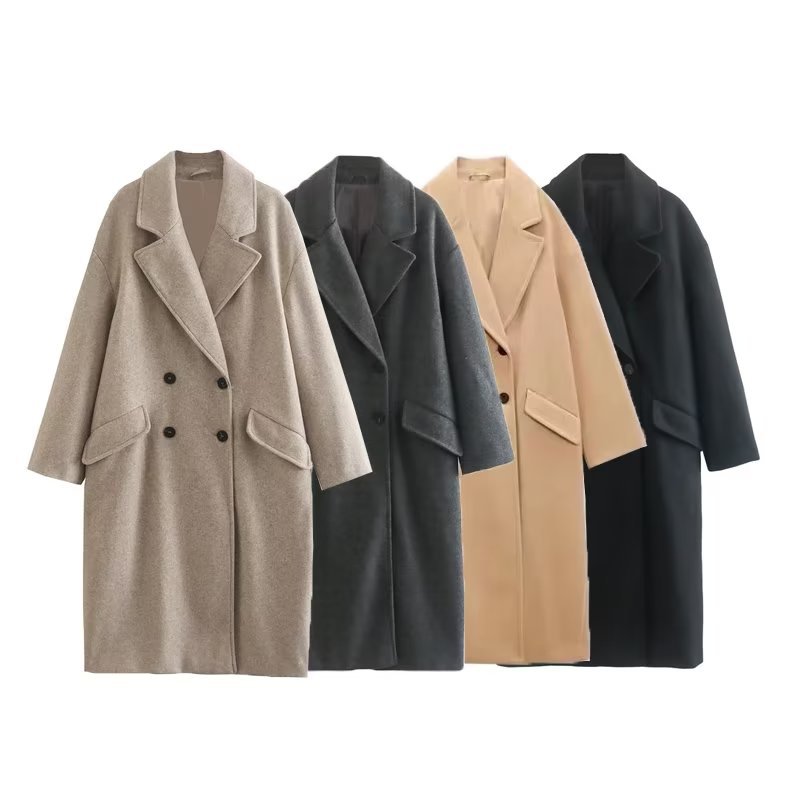Women's Casual Double-breasted Long-sleeved Lapel Woolen Coat