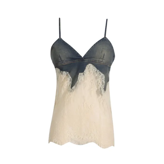 Lace Two piece Simple Style Top Casual Denim Shorts Fashion Thin Blue Sling - Shop at LoveMi