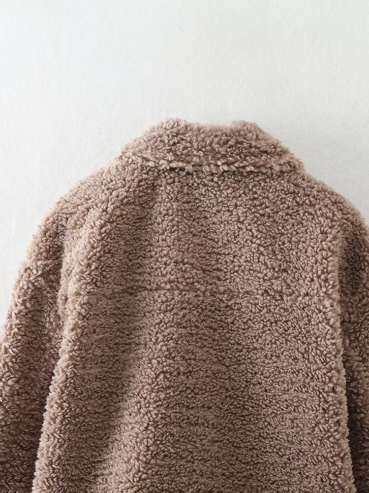 FWomen's Clothing European And American All-matching Lapel Button Pocket Long Sleeve Fleece Jacket Coat