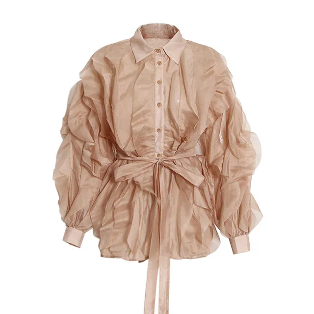 Irregular Stitching Lapel Single Breasted Lace up Solid Color Loose Casual Shirt - Shop at LoveMi