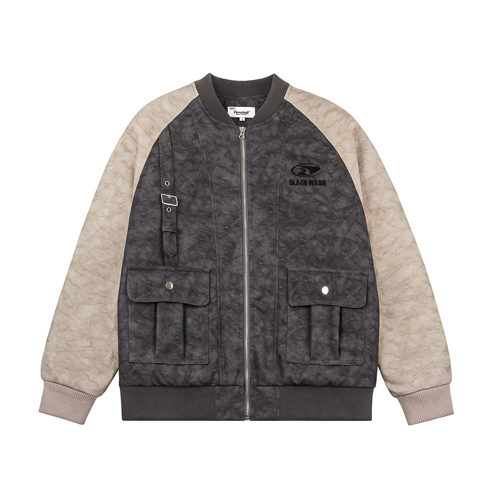 Color Contrast Patchwork Raglan Sleeve Baseball PU Leather Cotton Jacket