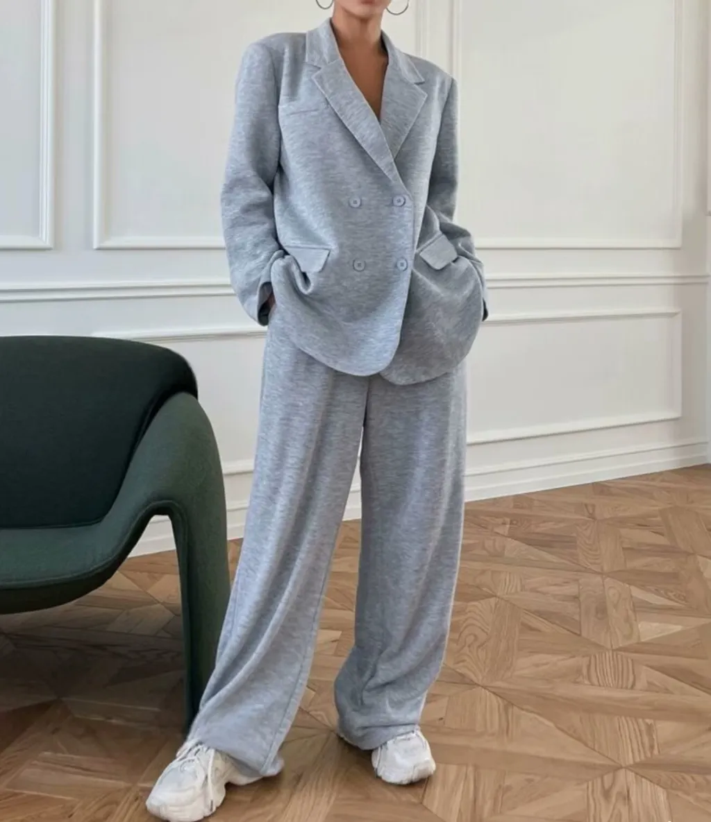 Women's Solid Color Loose Fit Lapel Cardigan Suit Casual - Light Gray