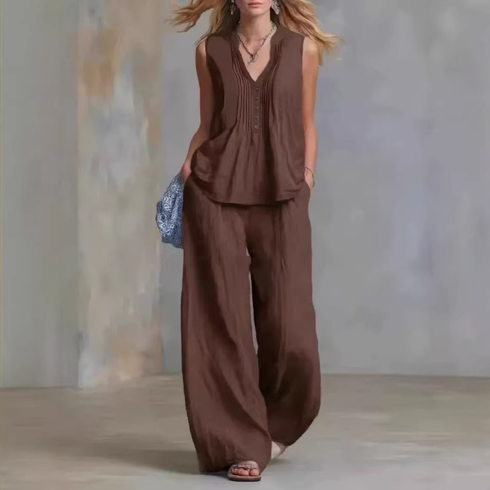 Fashionable Casual Solid-color V-neck Pleated Loose-fit Sleeveless Two-piece Set With Long Pants