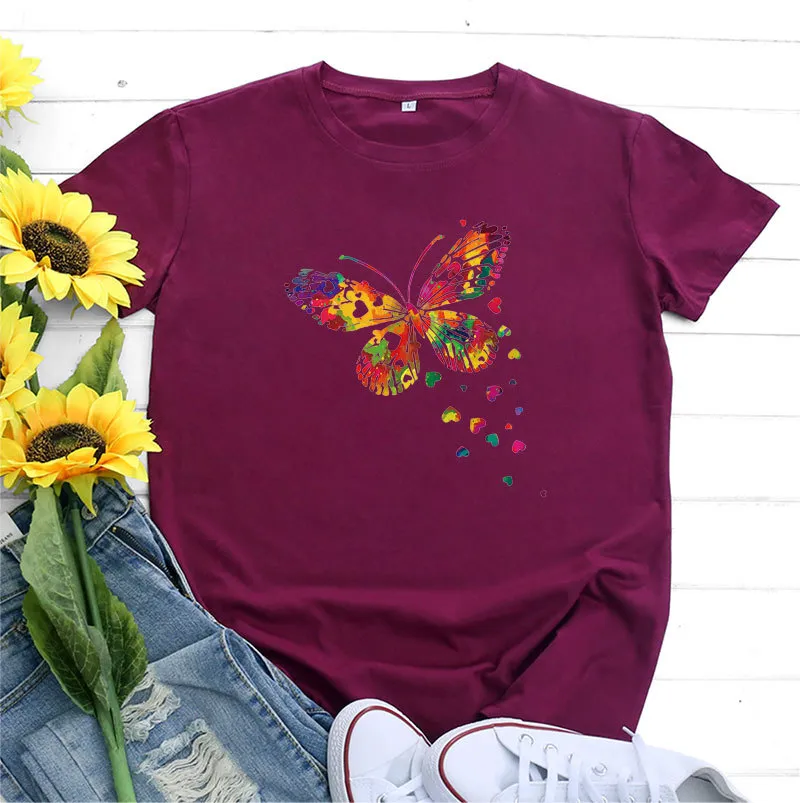 Women's Fashion Casual Heart Butterfly Printed Cotton Round Neck Short Sleeve - Wine