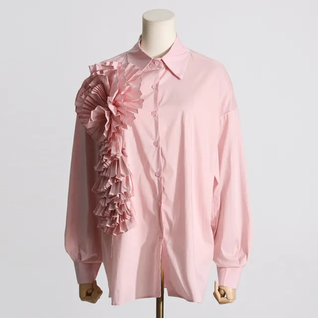 Design Sense Stitching Ruffle Three dimensional Flower Casual Shirt Pink - Shop at LoveMi
