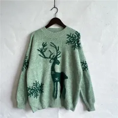 Women's Fashion Round Neck Long Sleeve Knitted Christmas Sweater - Green - View 1