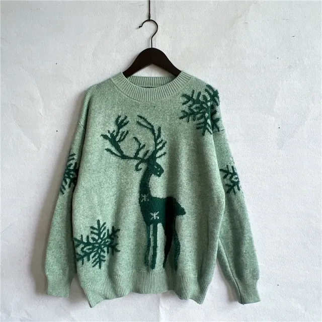 Women's Fashion Round Neck Long Sleeve Knitted Christmas Sweater Green - Shop at LoveMi