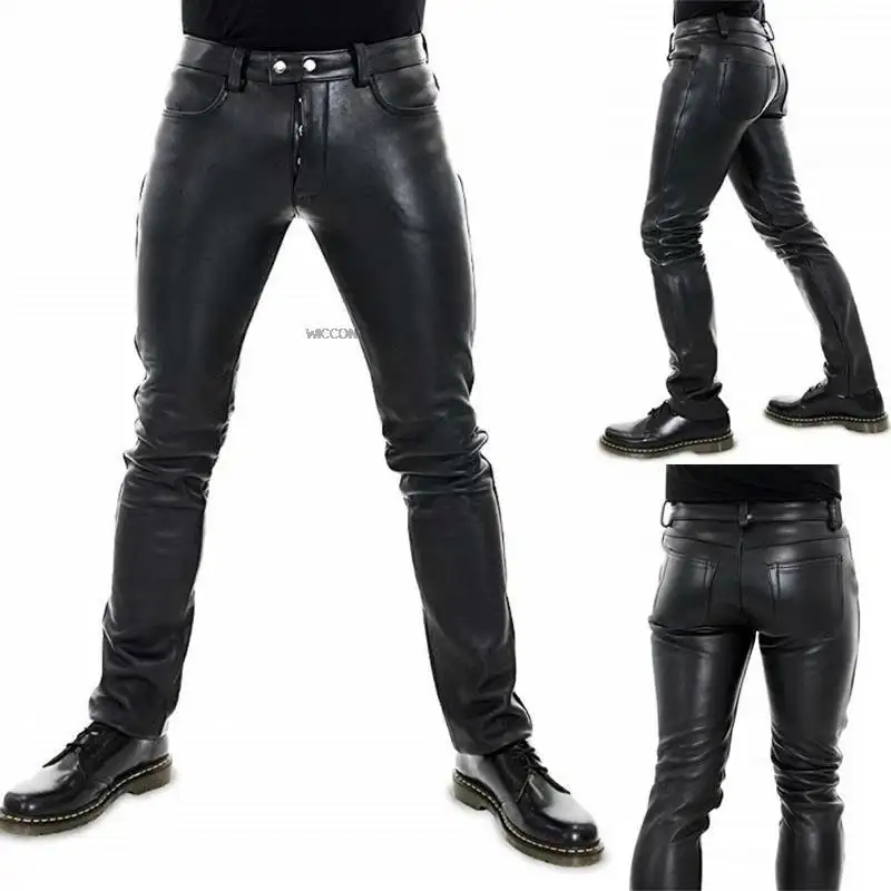 Solid Color PU Elastic Leisure Men Leather Pants