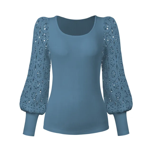 New Fashion Lace Long Sleeve Pullover Small Sunken Stripe T shirt Blue - Shop at LoveMi