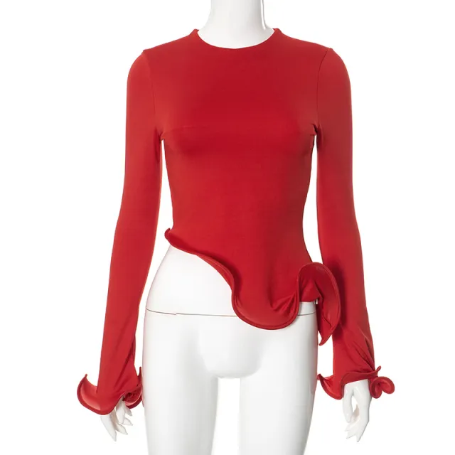Women's Three dimensional Plastic Ruffled Round Neck Flared Long sleeved Top Red - Shop at LoveMi
