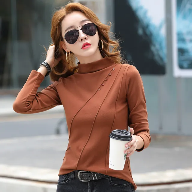 Women's Long sleeved Bottoming Shirt Half Turtleneck Tight Top Brown - Shop at LoveMi