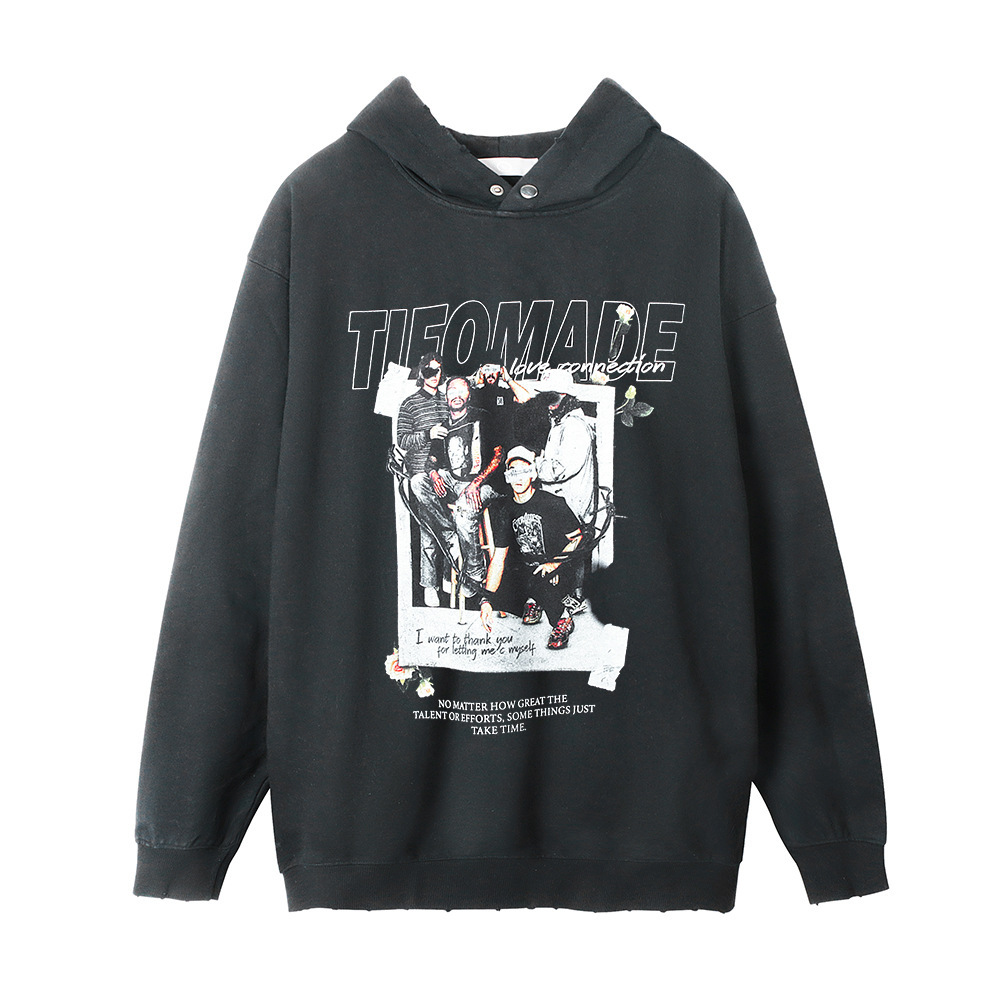 Printed Washed Old Hooded Sweater For Men