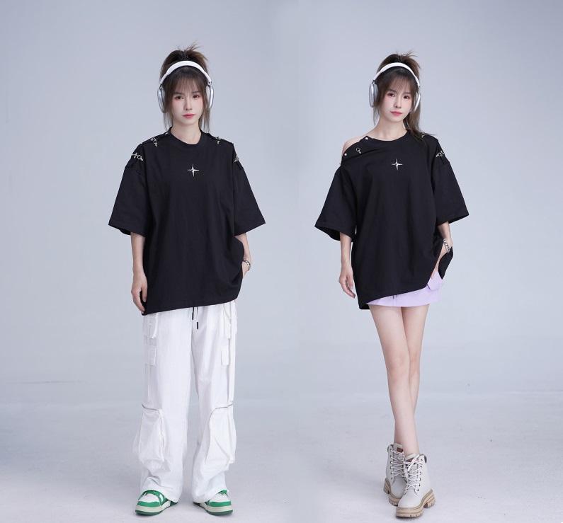 Niche Deconstruction Metal Buckle Padded Shoulder Design Short Sleeve