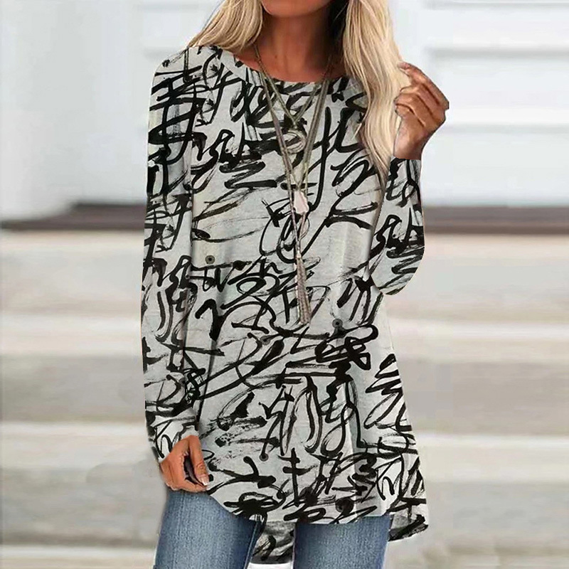 Wear Loose Long Sleeve Digital Printing T shirt Black - Shop at LoveMi