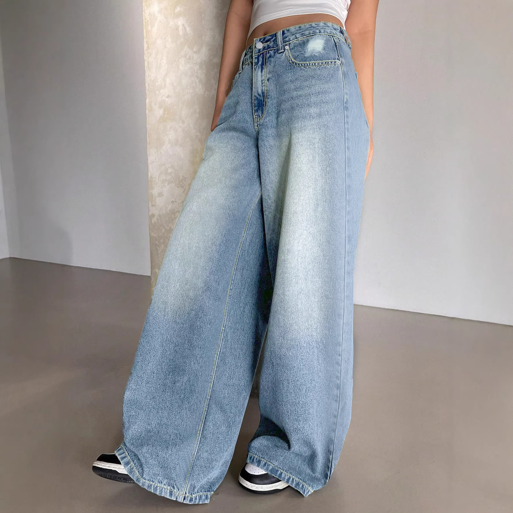 Water-washed Blue Wide-leg Extra-long Floor-length Jeans