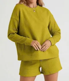 Solid Color Texture Casual Suit Women's Shorts Top - Lemon Yellow - View 1