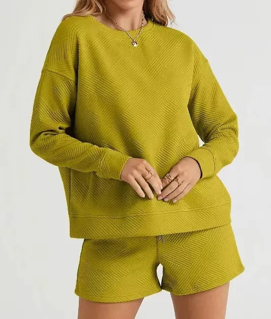 Solid Color Texture Casual Suit Women's Shorts Top Lemon Yellow - Shop at LoveMi