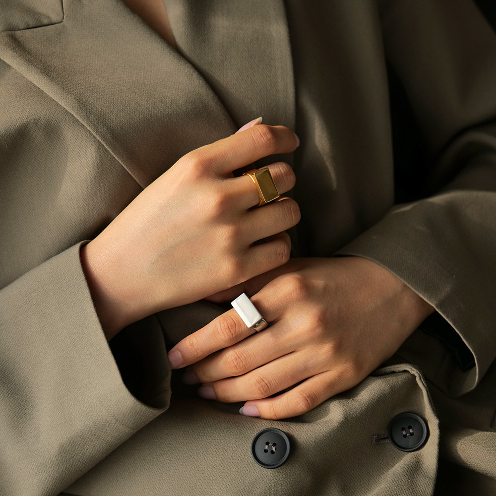 Women's 18K Gold Stainless Steel Long Block Ring