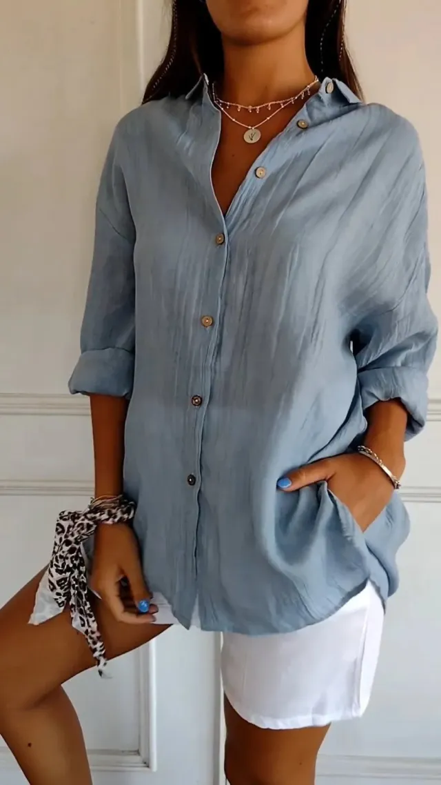 Women's Single breasted Pleated Lapel Shirt Blue - Shop at LoveMi