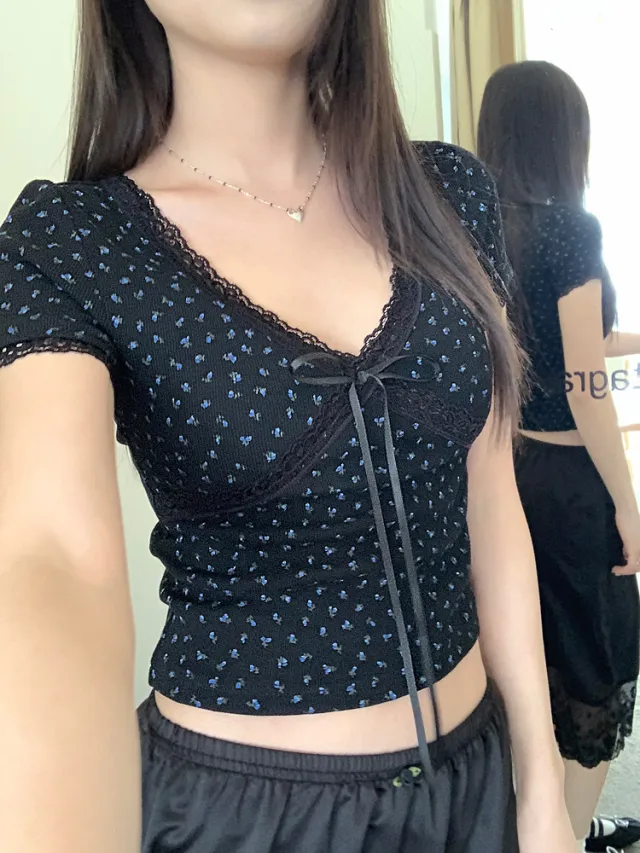 Pure Sweet Black Bm Floral Lace Short Sleeve Black - Shop at LoveMi