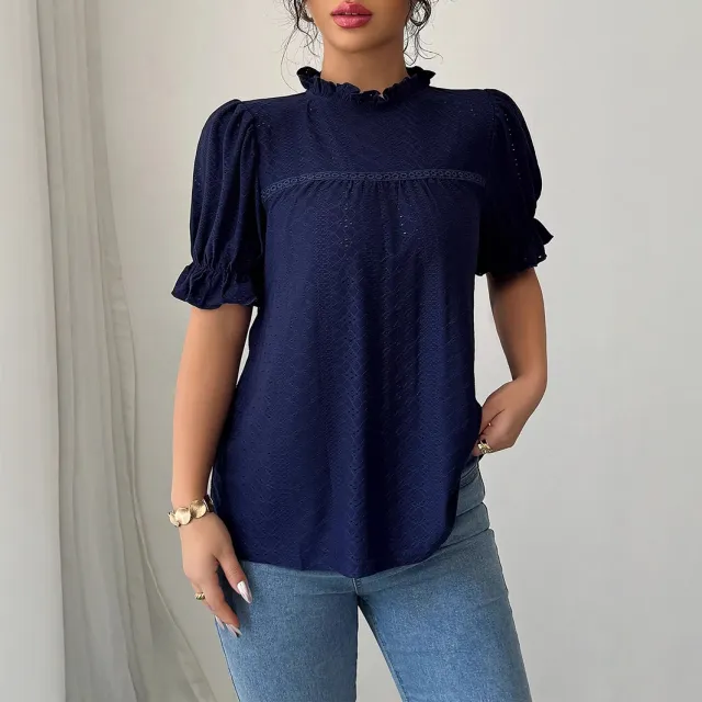 Fashion Style Lace Collar Hollow out Shirt Women's Clothing Dark Blue - Shop at LoveMi