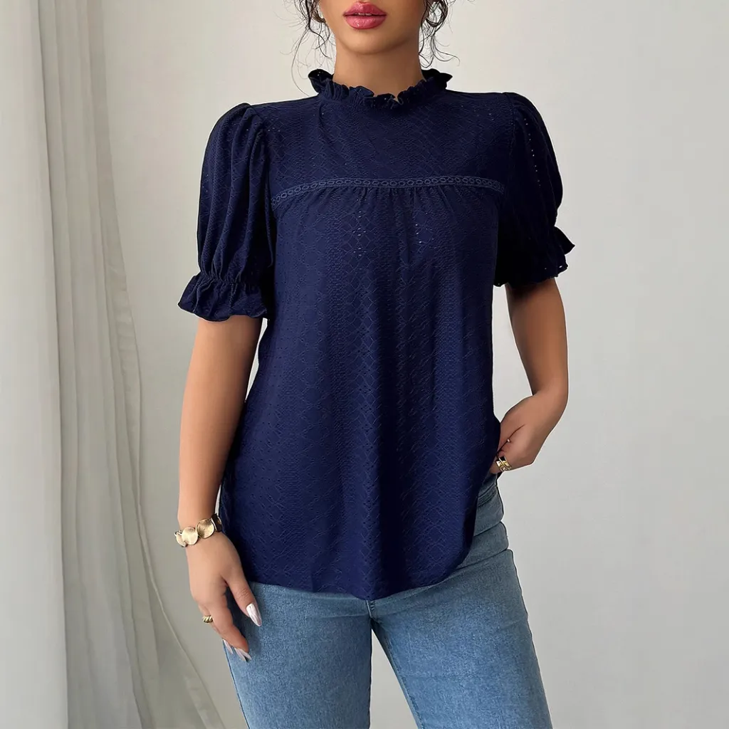 Fashion Style Lace Collar Hollow-out Shirt Women's Clothing - Dark Blue
