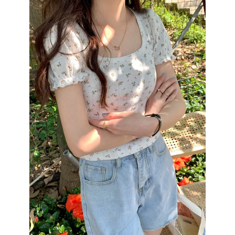 Floral Puff Sleeve Short Sleeve T-shirt - White Small Floral