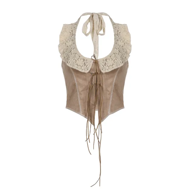 Rural Ancient Lace Stitching Tied Vest For Women Khaki - Shop at LoveMi