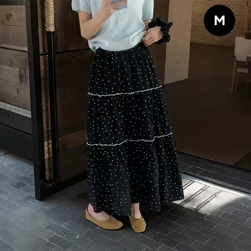 Korean-style Ruffle-trimmed Patchwork Polka-dot Skirt For Women