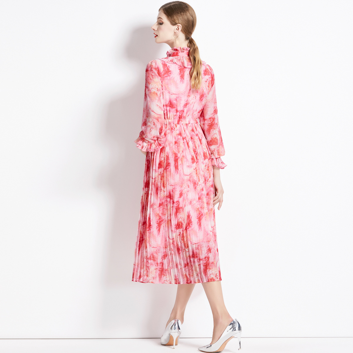 French Floral Chiffon Long Sleeve Dress Women