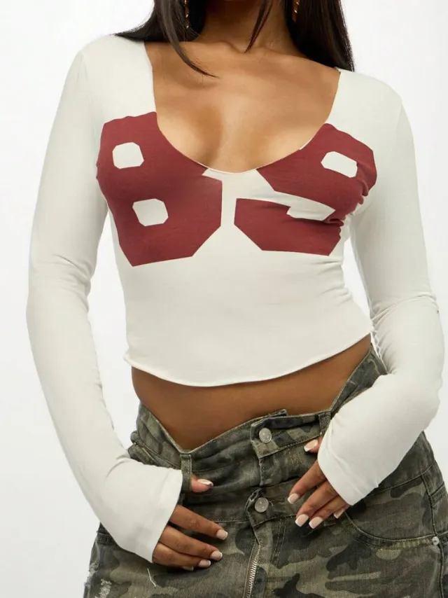 Printed Short sleeve Slim fit U neck Top White - Shop at LoveMi