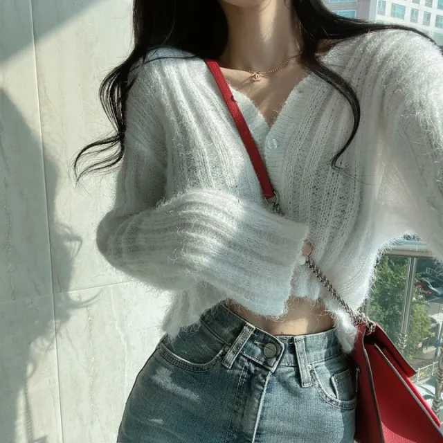 Women's V neck Long Sleeve Knitted Cardigan Short Sweater White - Shop at LoveMi
