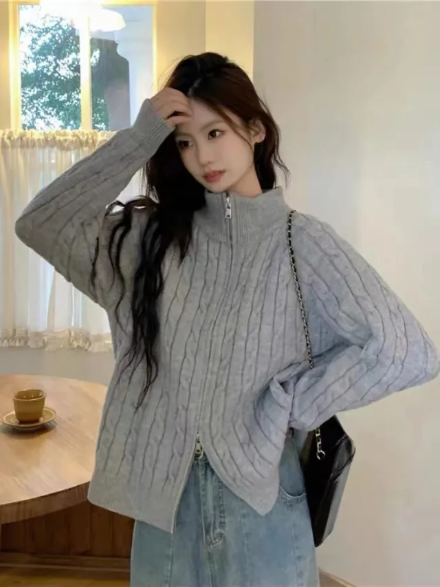 Zipper And Lapel Cable knit Sweater Women's Autumn And Winter Solid Color Vintage Coat Gray - Shop at LoveMi