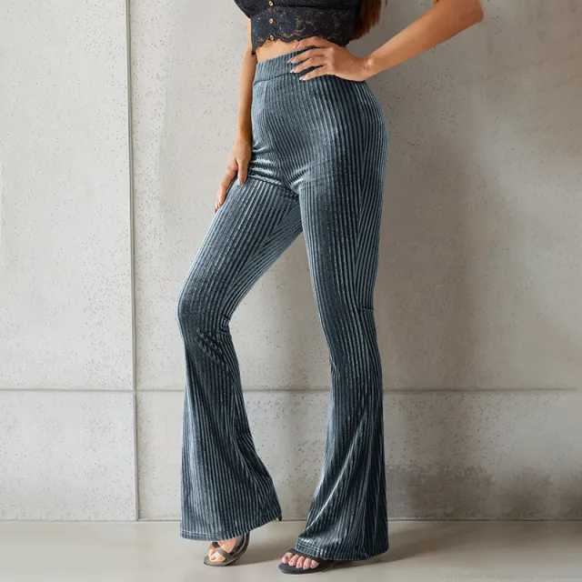 Women's Fashion Casual Striped Sunken Stripe Bell bottom Pants Dark Gray - Shop at LoveMi