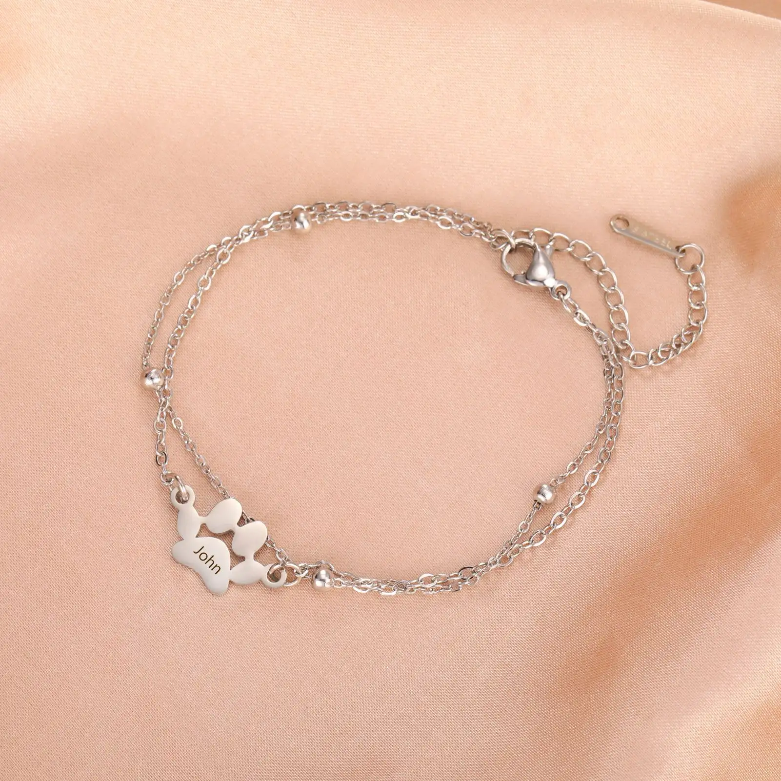 Stainless Steel Customized Name Animal Dog Cat Paw Charm Bracelet