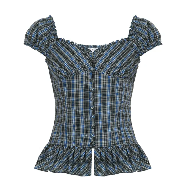 French Style Retro Anti aging All match Plaid Wooden Ear Square Collar Shirt For Women Blue - Shop at LoveMi