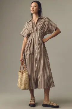 Waist-controlled Slim Fit Slimming Dress Long Shirt - Brown Stripe - View 1