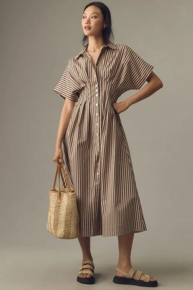 Waist controlled Slim Fit Slimming Dress Long Shirt Brown Stripe - Shop at LoveMi
