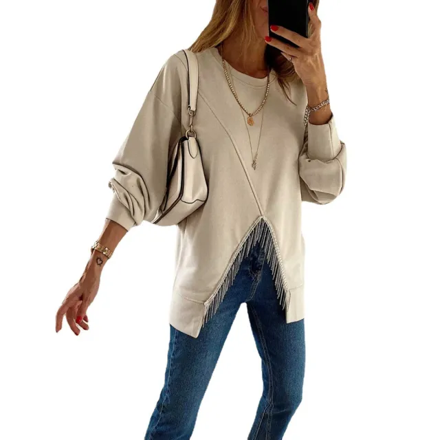 Women's Split Tassel Loose Casual Long Sleeves Top Solid Color Round Neck Sweater Apricot - Shop at LoveMi