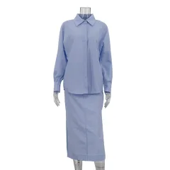 Cotton Lapel Long Sleeve Cardigan Top Split Skirt Commuting Suit - Blue - View 1