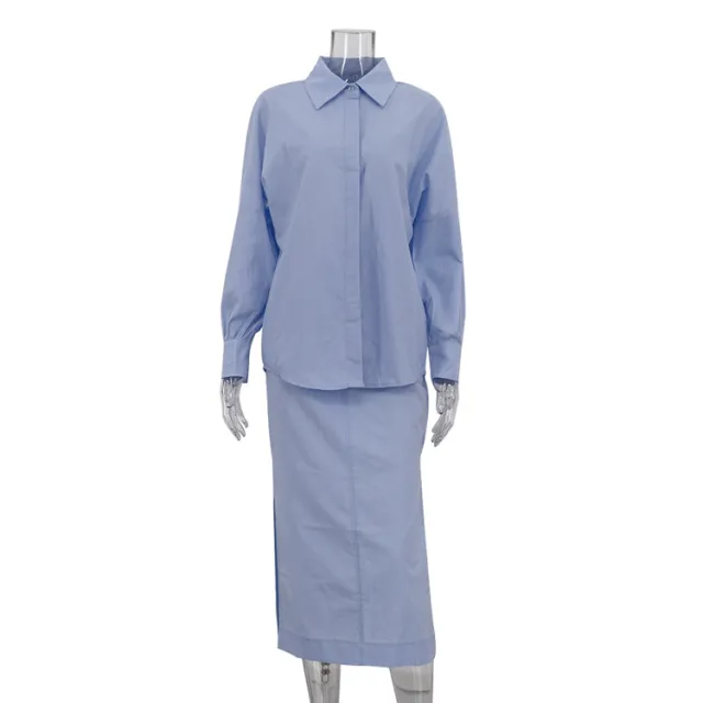 Cotton Lapel Long Sleeve Cardigan Top Split Skirt Commuting Suit Blue - Shop at LoveMi
