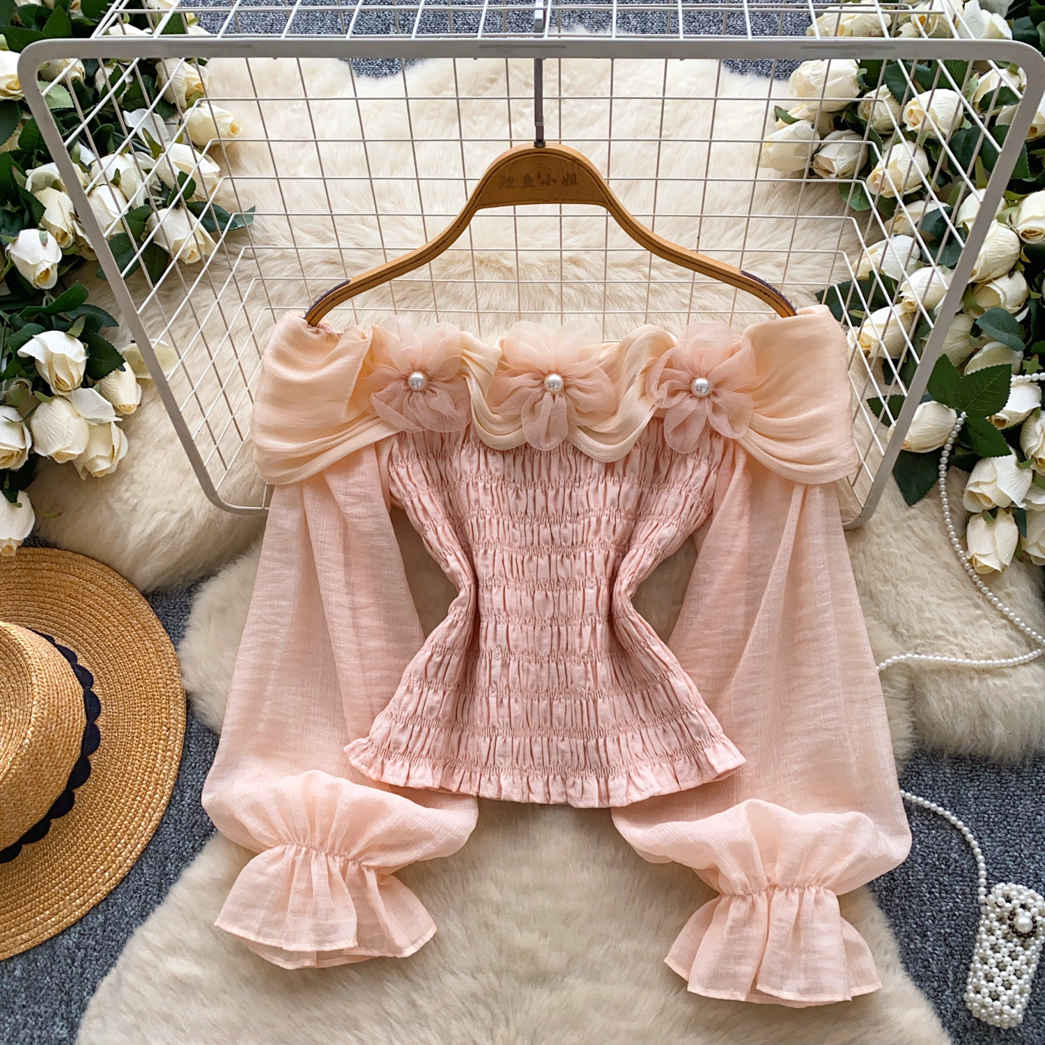 Womens Solid-Color Beaded 3D Flower Off-Shoulder Chiffon Blouse