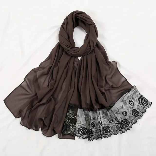 Flower Lace Pearl Chiffon Scarf 4 Coffee - Shop at LoveMi
