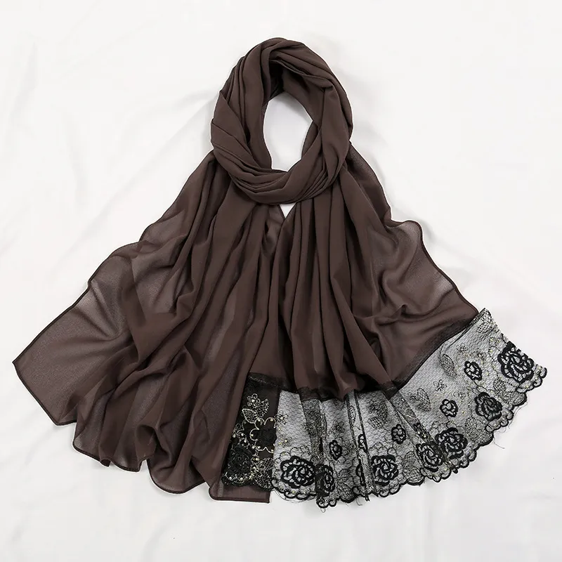 Flower Lace Pearl Chiffon Scarf - 4 Coffee
