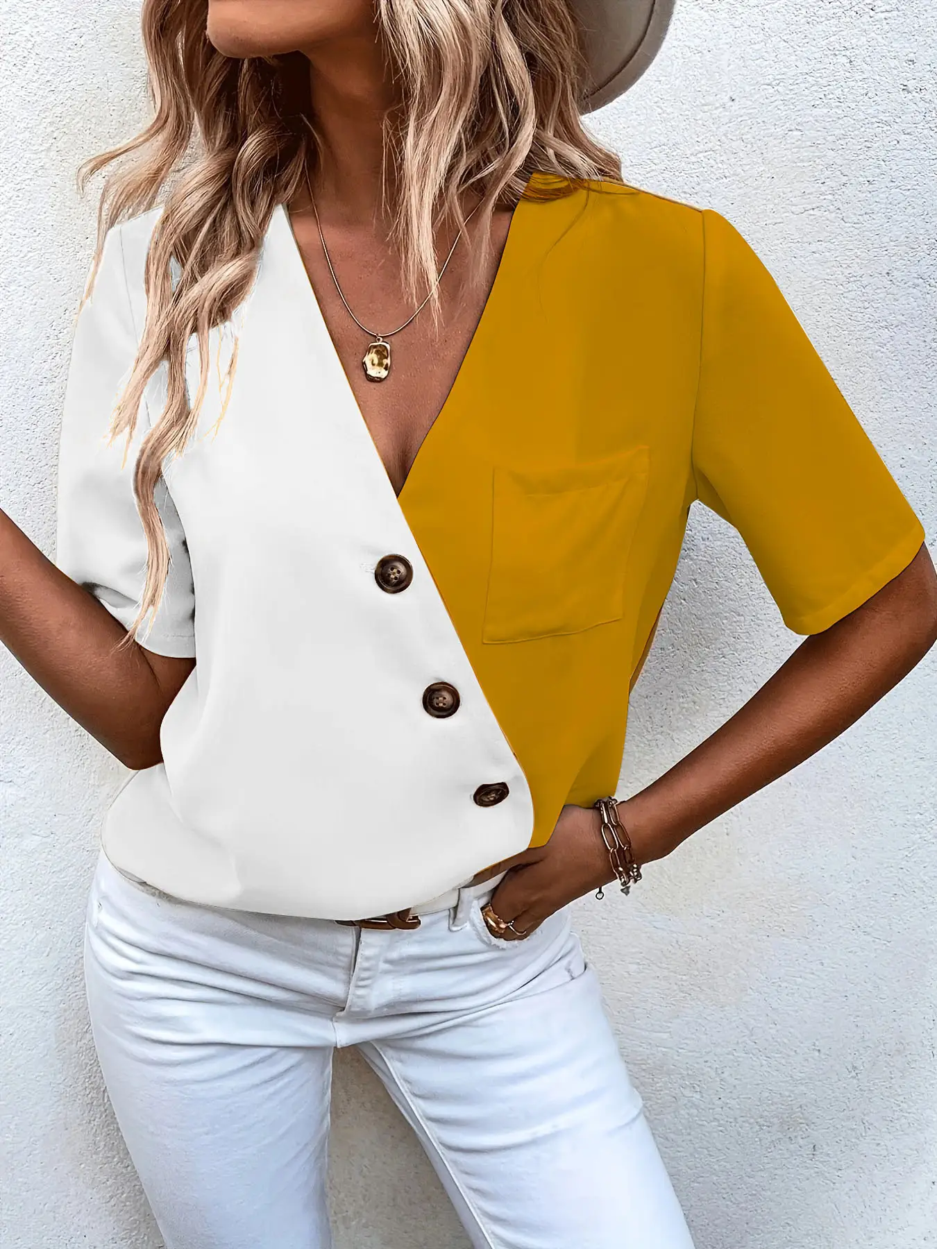 Elegant Casual Color-block Button-up Cardigan Short-sleeve Shirt