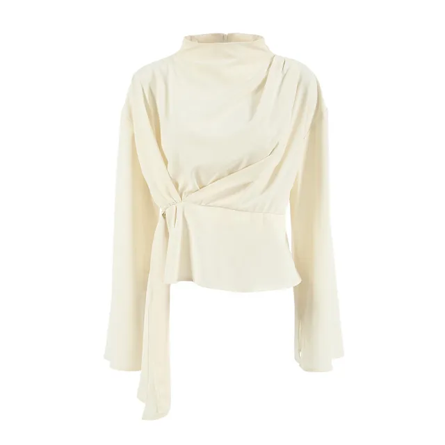 Small Stand Collar Chiffon Bell Sleeve Pleated Split Shirt Tan - Shop at LoveMi