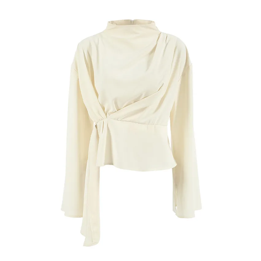 Small Stand Collar Chiffon Bell Sleeve Pleated Split Shirt - Tan