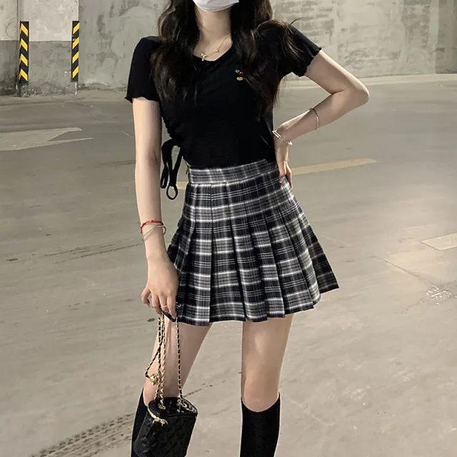 Plaid Pleated Skirt Women's Summer Figure Flattering A Line Skirt Blue - Shop at LoveMi