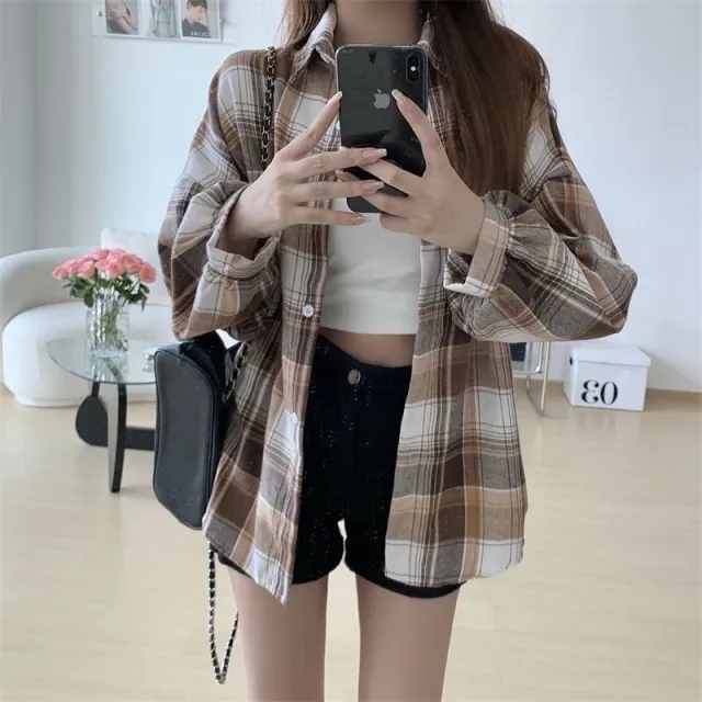 Loose fitting Korean style Plaid Shirt For Women Brown - Shop at LoveMi