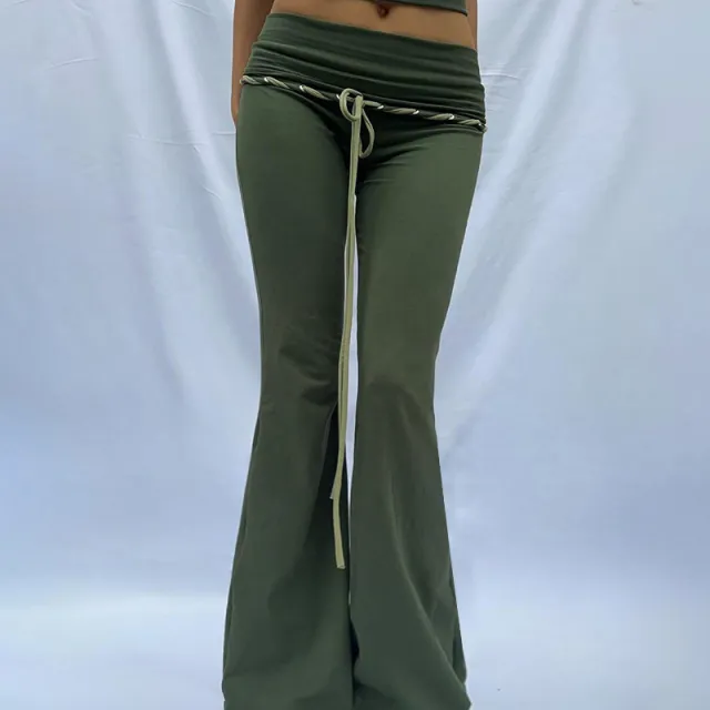Contrast Color V neck Halter Spaghetti Straps Tight Bootcut Pants Backless Two piece Suit Green Trousers - Shop at LoveMi
